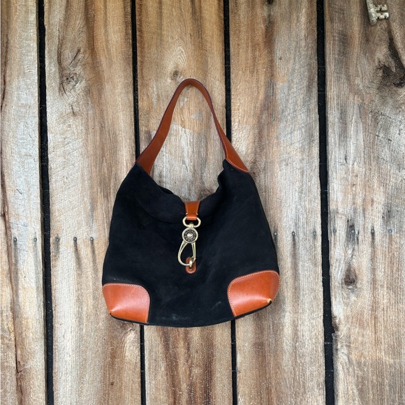 Dooney & Bourke black suede drape tote with brown leather trim. - Picture 3 of 12